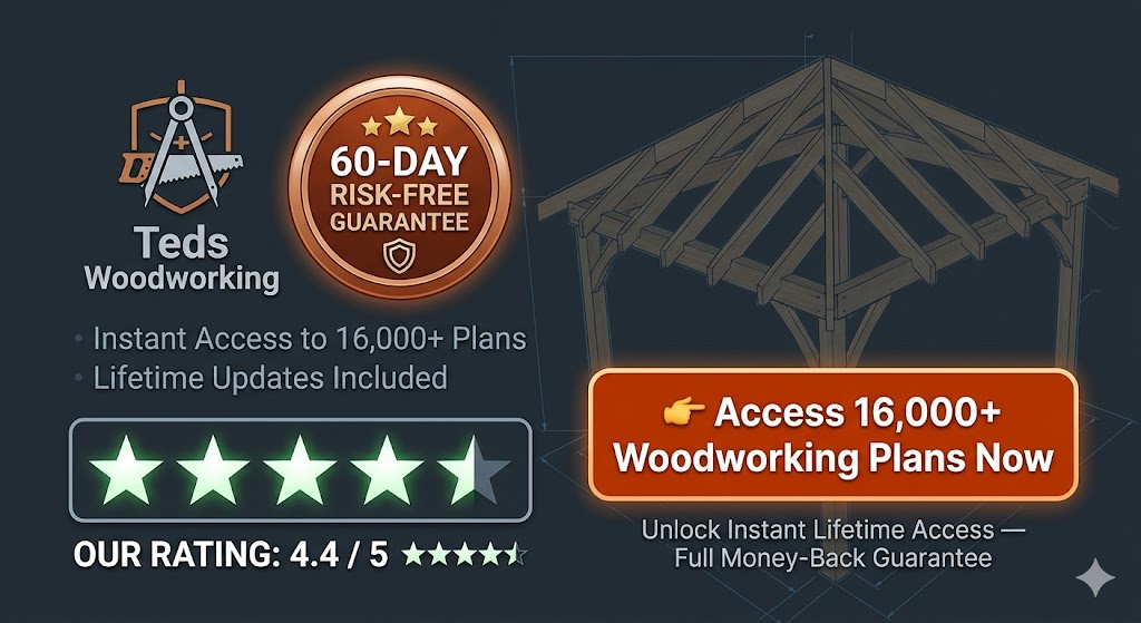 High-intent call to action banner to purchase Teds Woodworking plans featuring a 60-day risk-free money-back guarantee seal and a 4.4 out of 5 star rating.