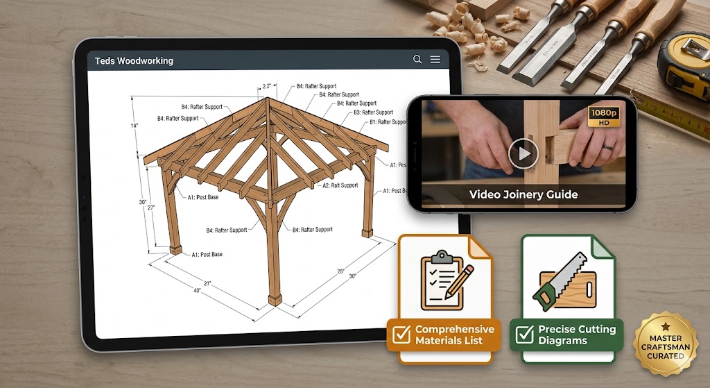 Teds Woodworking Plans PDF digital interface displaying step-by-step woodworking blueprints for an outdoor gazebo alongside an HD video joinery tutorial guide.