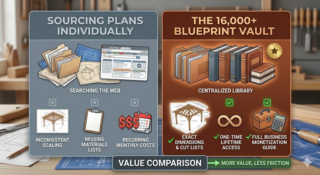 An infographic comparison card from a Teds Woodworking plans review contrasting individual web searching with a structured, centralized library database.