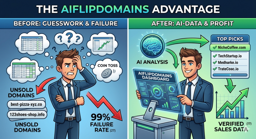 AIFlipDomains Reviews: Infographic comparing traditional domain flipping guesswork with AIFlipDomains AI-powered data analysis for 2026.