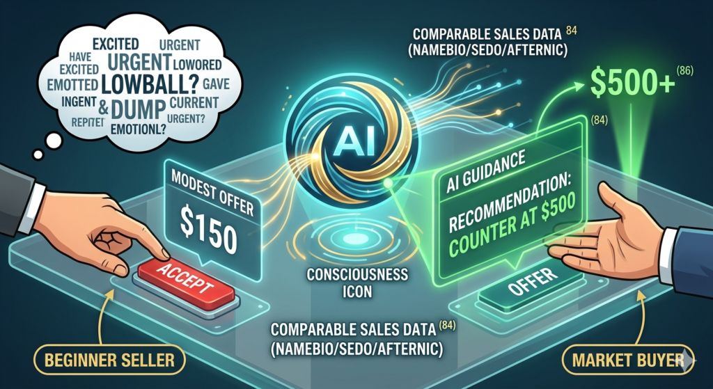 AIFlipDomains AI Negotiation Assistant interface providing data-backed recommendations to accept or counter buyer offers.