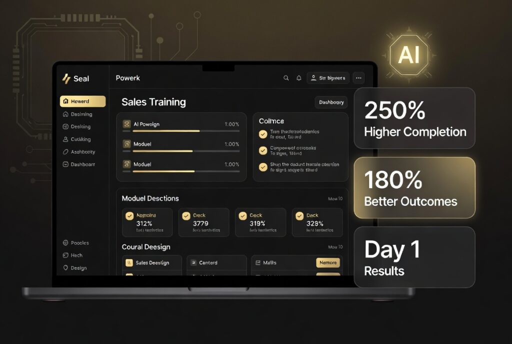 SalesAI Review – AI sales course dashboard showing 250% higher completion, 180% better outcomes and Day 1 results