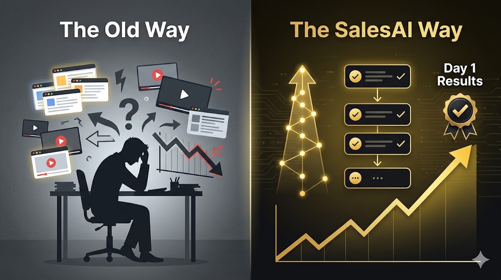SalesAI Review – comparison of the old fragmented AI learning approach versus the structured SalesAICourse method