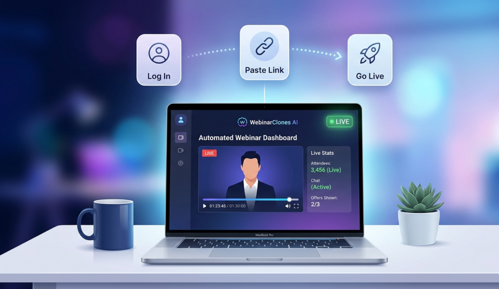 WebinarClones AI Review – automated webinar funnel dashboard showing 3-step setup process