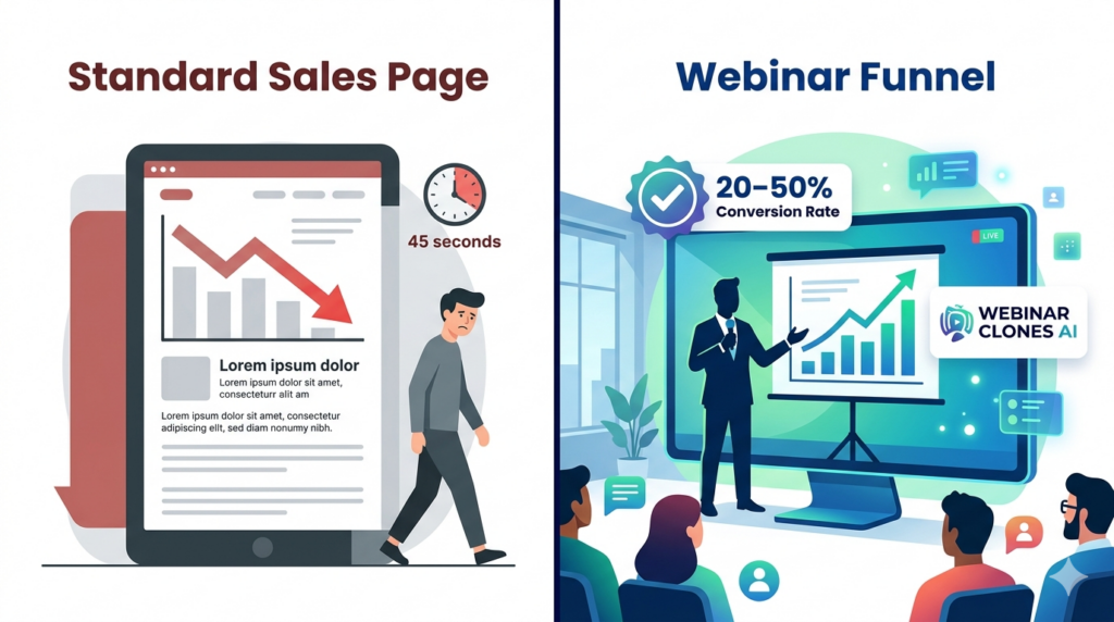 WebinarClones AI Review – webinar funnel vs standard sales page conversion rate comparison.